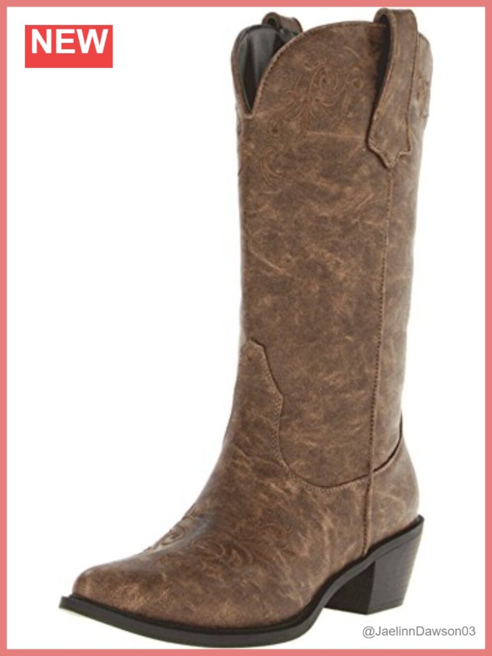 Faux Leather Mid Calf Western Boots Round Toe Low Heel Pull On